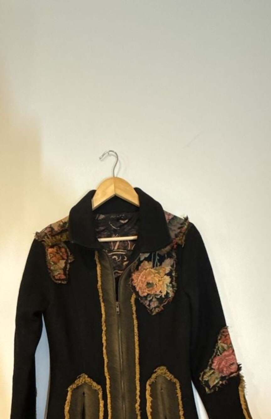 Axara Paris Women's Black Wool Coat with Floral Tapestry Patchwork and Frayed De